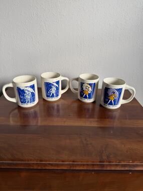 VINTAGE MORTON SALT WHEN IT RAIN IT POURS MUG SET LOT OF 4 JAPAN COFFEE 150th